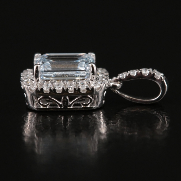 14K White Gold LAB CREATED Emerald Cut Blue Diamond Pendant - Picture 3 of 12